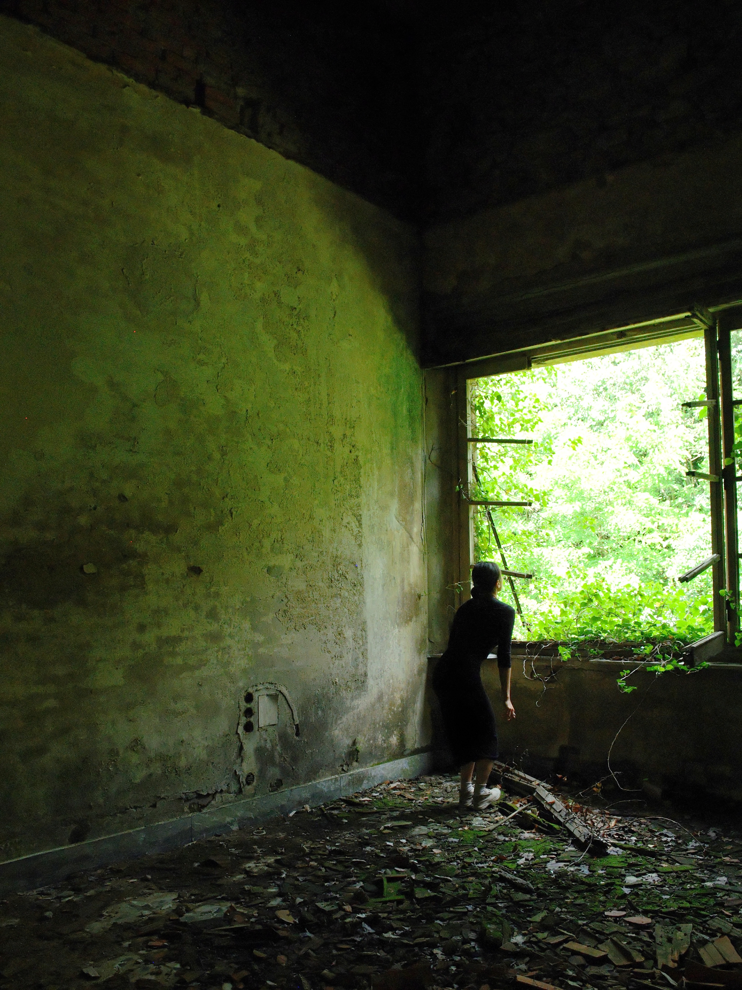 A woman standing in front of a glassless window overlooking nature in a ruined room